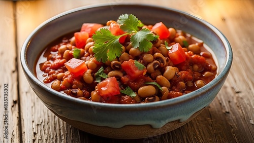 Rustic black-eyed peas with fresh tomatoes and cilantro in a blue bowl on wooden table create a