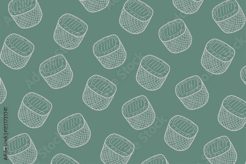 Seamless Repetitive Pattern of Hand-Drawn Woven Baskets on a Solid for Textiles and Digital Wallpaper