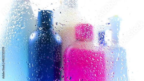 Plastic containers with different body care products behind wet glass