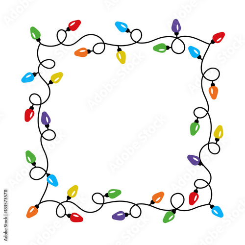 Square shaped Christmas lights frame. Vector colorful tangled string of light bulb garland. Decorative New Years element for greeting cards, invitations, banners, posters
