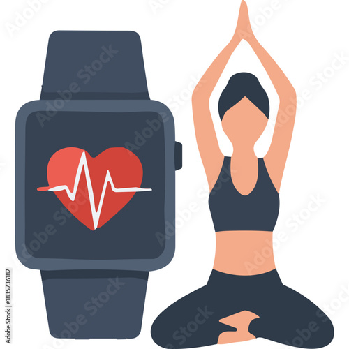 Digital Smartwatch Displaying Heart Rate Monitor Next To Woman Meditating In Lotus Pose Wearing Athletic Apparel Representing Health And Wellness Lifestyle