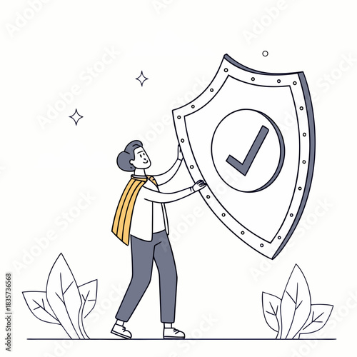 Person holding a shield with a check mark for security