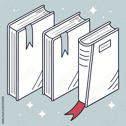 Three white books with bookmarks arranged in a row