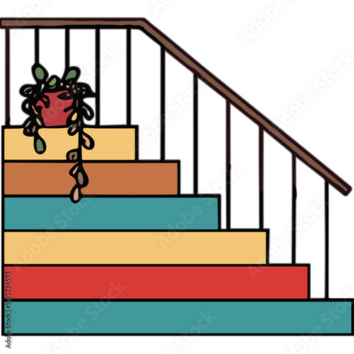 Colorful Staircase With A Potted Plant On The Landing And A Wooden Handrail