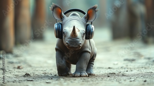 Baby rhino with playful headphones 