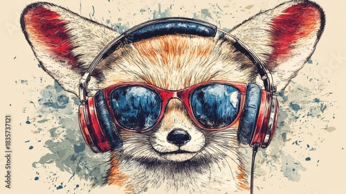Big-eared fennec fox with headphones 