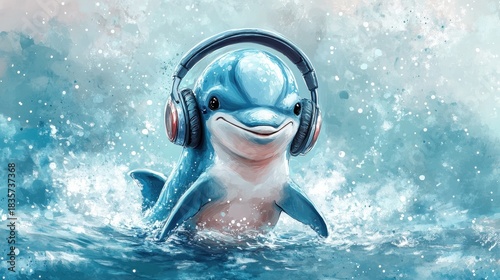 Cute dolphin with smiling face and headphones 