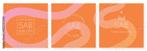 Set of editable web templates for seasonal sale. Minimalistic vector illustrations in pastel warm orange and pink colors with abstract elements.