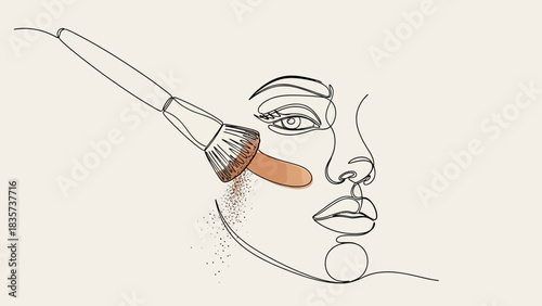 Ethereal beauty contouring, line art portrayal of a makeup brush applying cosmetics to a face