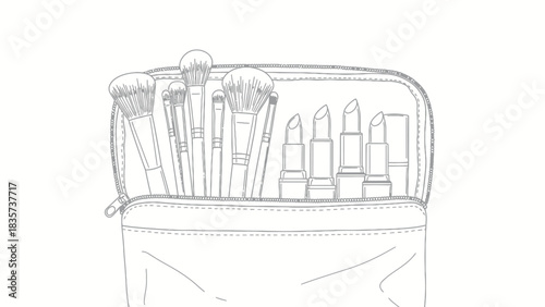 Aesthetic beauty bag illustration filled with makeup brushes and lipsticks in outlined sketch
