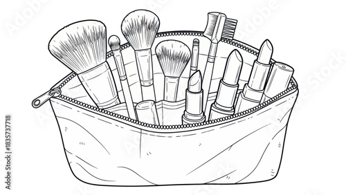 Detailed Line Art of Makeup Bag with Brushes and Lipsticks for Beauty Projects