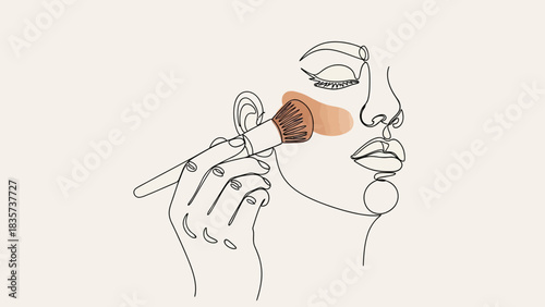 Elegant minimal line art illustration featuring a woman applying makeup with a brush
