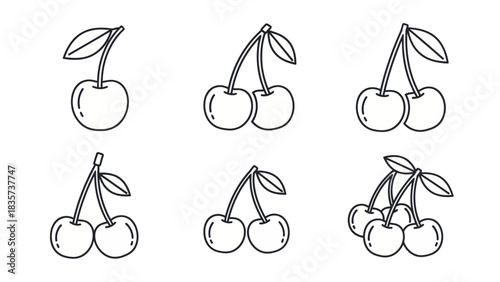 Elegant cherry fruit line art set conveying simplicity and natural sweetness for design projects