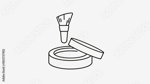 Minimalist outline style drawing showcasing a face powder compact and makeup brush