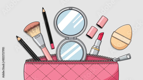 Delicate pink cosmetic bag filled with assorted makeup essentials for beauty enhancement