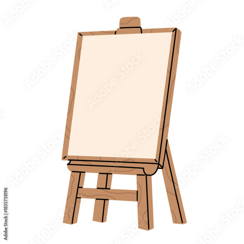 Vector illustration of a wooden easel with an empty canvas. Simple art studio equipment, blank frame for painting or drawing. Suitable for design projects, education and creative themes.