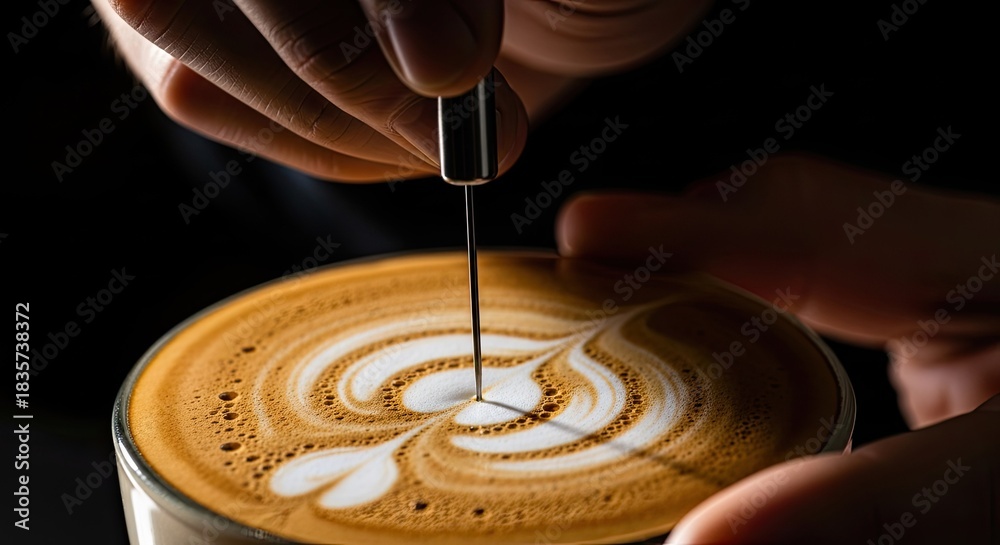 Obraz premium Latte art creation close-up showcasing precision and skill in crafting a beautiful coffee design,