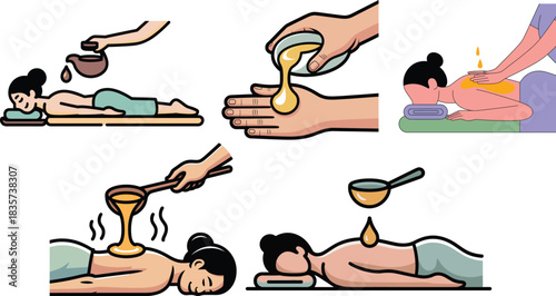 Japanese hot oil massage relaxing spa treatment scenes set