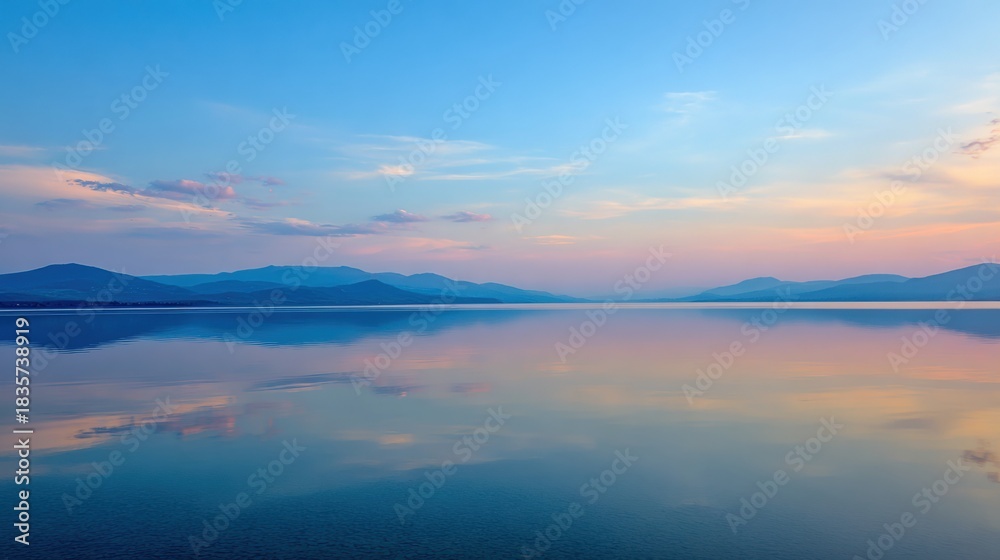 Fototapeta premium Smooth Lake With Gradient Sky and Reflection Shows Mountains and Horizon at Dusk With Soft Colors and Gentle Light