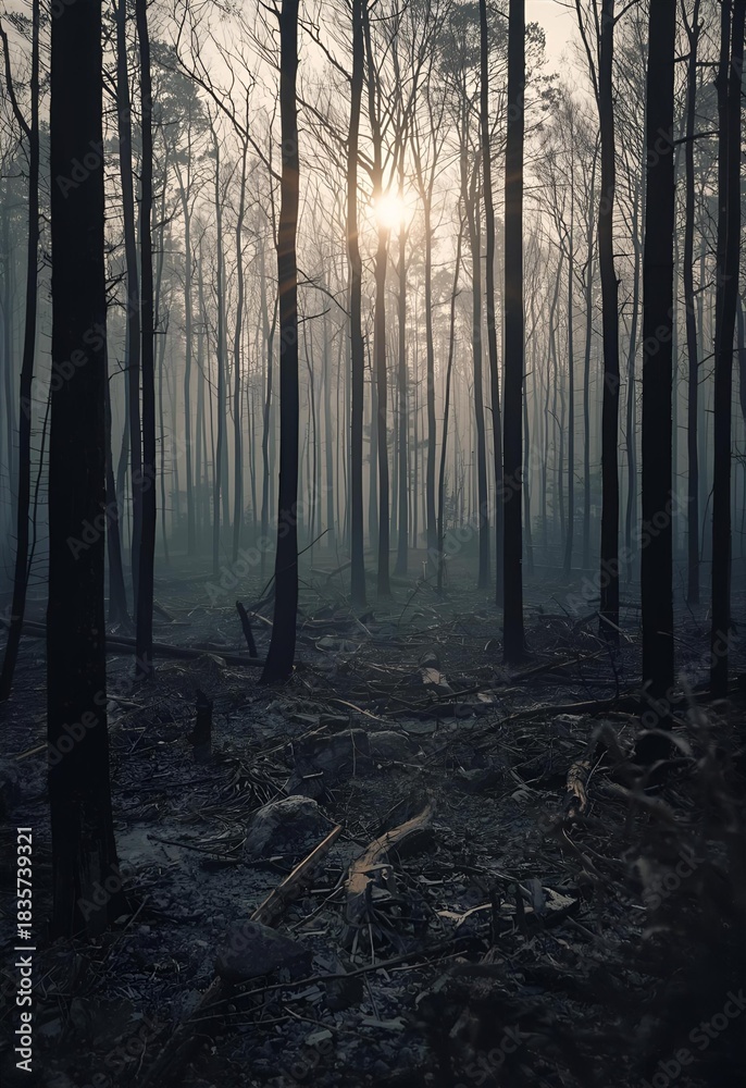 Obraz premium Burned Forest After Wildfire Destruction