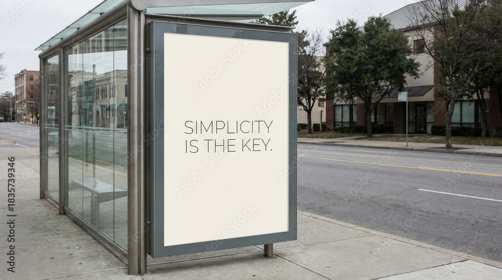 Obraz premium Bus Stop Shelter with Blank Advertisement Board on a City Street.