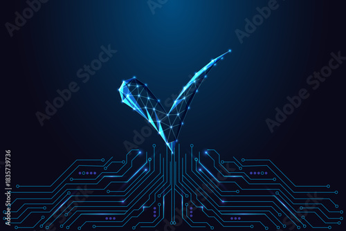 Digital approval checkmark symbol glowing over futuristic technology circuit board background