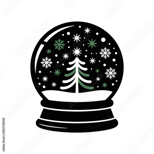 A simple snow globe features a lone pine tree surrounded by falling snowflakes.