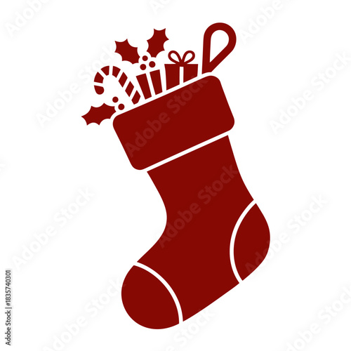 A minimalist red stocking filled with holiday treats is centered