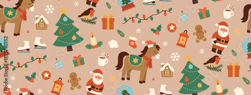 Cozy Christmas. Cute vector illustration. New Year's horse. Seamless pattern. Children's horse. New Year's toys. Charming prints. Fiery red horse. Christmas tree and toys. Festive magic.
