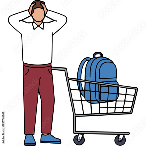Frustrated Man Clutching Head Beside Shopping Cart With Blue Backpack Overhead View of a Person Expressing Distress and Overwhelm With Merchandise Displayed in a Retail Environment