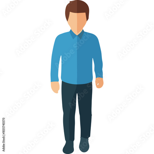 Flat Design Full Body Portrait Of A Man Standing On A Black Background Wearing A Blue Button Down Shirt And Dark Trousers