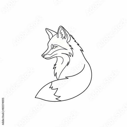 Black and white line art drawing of a fox profile curled body