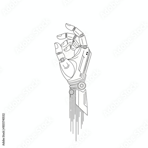 Black and white line art of a robotic hand and forearm dripping lines downwards