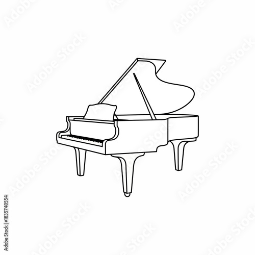 Black and white line drawing of a grand piano with the lid open