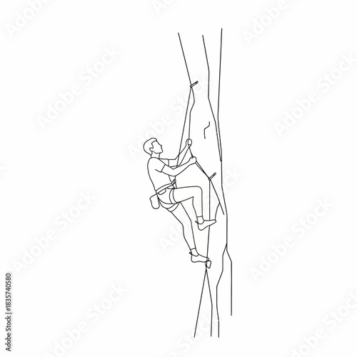 Black and white line drawing of a rock climber ascending a vertical rock face