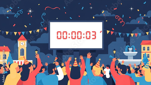 Festive New Year Countdown Crowd Celebration Illustration