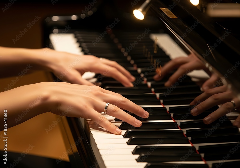 Fototapeta premium Elegant pianist fingers dancing across the piano keys in a passionate musical performance creating immersive experience