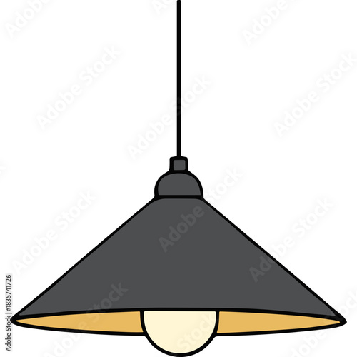 Dark Gray Industrial Pendant Light Fixture Hanging from Black Cord with Warm Yellow Glow Illuminating from a White Bulb Against a Black Background