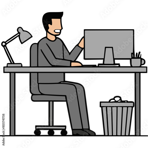 Frustrated Man Working Late at Desk With Computer and Trash Can Overflowing With Paper In Office Setting