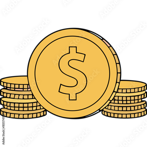 Golden Dollar Coins Stacked Representing Wealth And Finance Isolated On A White Background With A Stylized Dollar Sign In The Center Coin