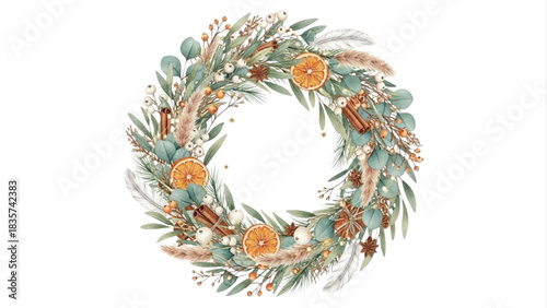 Watercolor Christmas Wreath with Eucalyptus, Dried Orange Slices, Cinnamon and Winter Botanical Elements