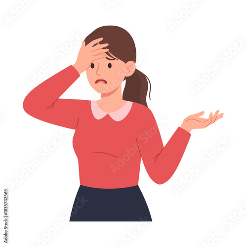 Worried woman experiencing headache and stress, holding her head in disbelief against a white backdrop, showcasing her emotional distress and confusion.