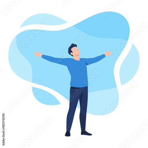 Man stands with arms outstretched in peaceful pose against abstract blue shape, symbolizing freedom and relaxation in a minimalist style.