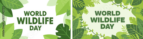 World Wildlife Day celebration with green leaves and nature background, vector, e-card design 