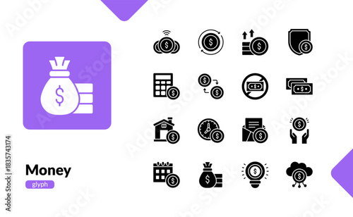 Money glyph icon set for financial and fintech service