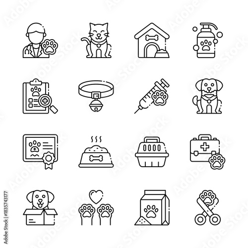 Pet care outline icon set for veterinary and animal theme