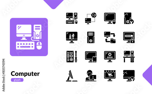 Computer glyph icon set for tech industry and digital service