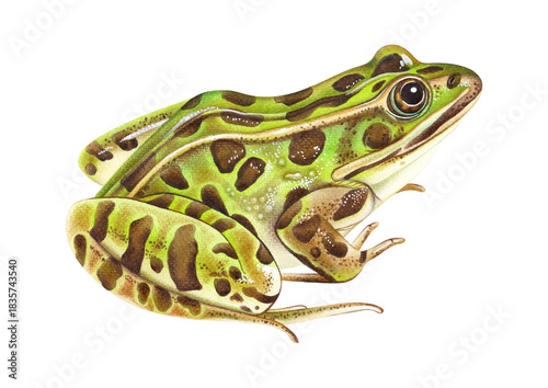Hand-painted watercolor illustration of a Northern Leopard Frog. Detailed naturalistic artwork perfect for educational resources, field guides, posters, and scientific wildlife materials.