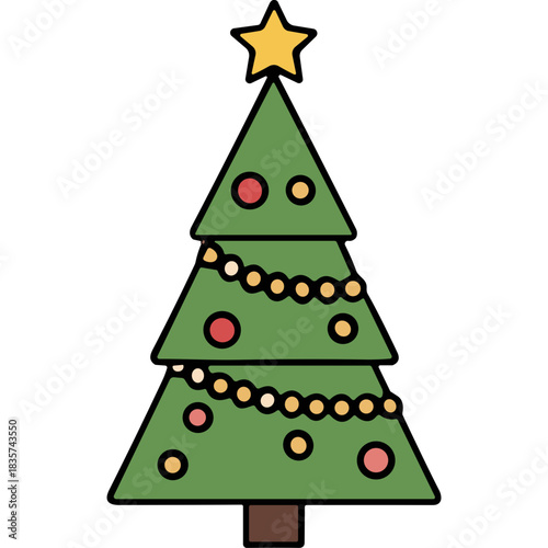 Wallpaper Mural Green Christmas Tree With Yellow Star On Top Decorated With Red And Yellow Ornaments And String Lights Festive Holiday Celebration Season Torontodigital.ca