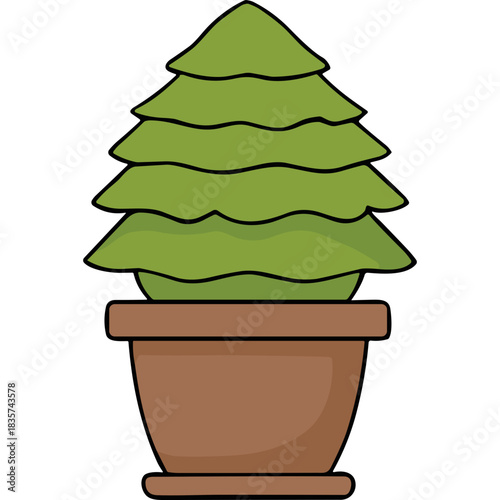 Green Layered Topiary Plant in a Brown Terracotta Pot With a Flat Black Background and Minimalist Flat Design Style